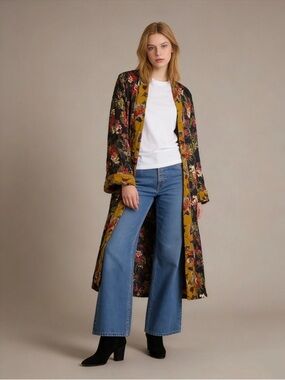 NWOT newyork and company KIMONO Duster Robe Floral Print Coat Open Front Sz S